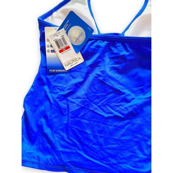 Nautica NWT Blue Teal Color Block Strappy Front Removable Pads Halter Tankini XS - Picture 8 of 15